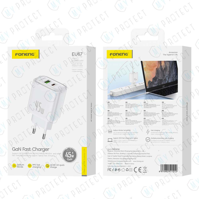 Chargeur (USB-A + USB-C) GAN 45W Foneng EU67