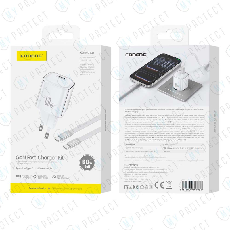 Chargeur USB-C GaN 60W + Câble USB-C / USB-C Foneng Max40