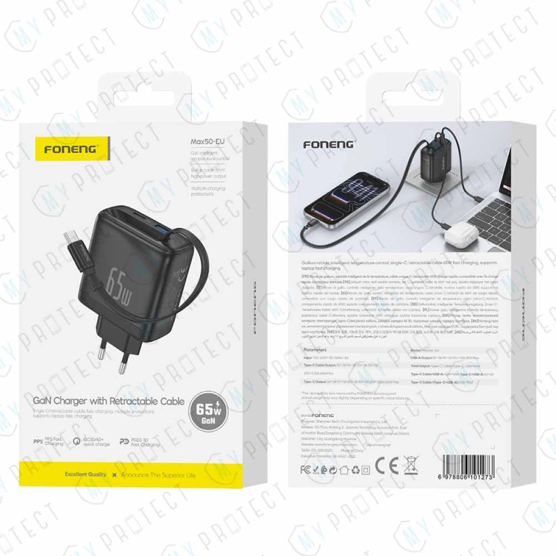 Chargeur (USB-A + USB-C) GaN 65W avec câble USB-C rétractable Foneng Max50
