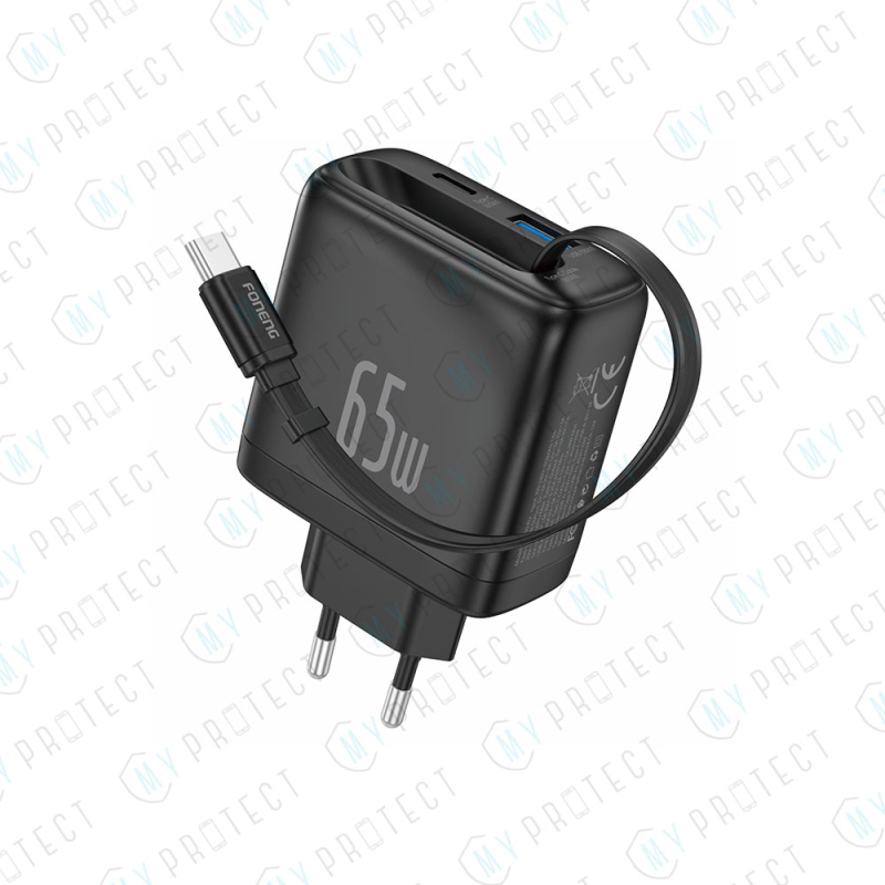 Chargeur (USB-A + USB-C) GaN 65W avec câble USB-C rétractable Foneng Max50