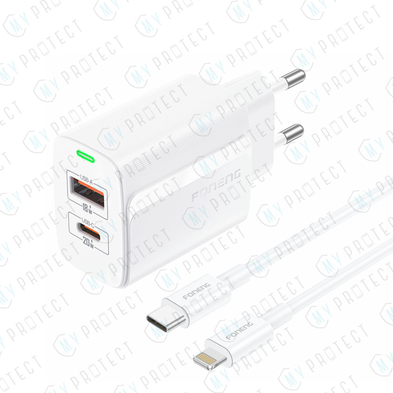 Chargeur (USB-A + USB-C) 20W + Câble USB-C / Lightning Foneng EU66
